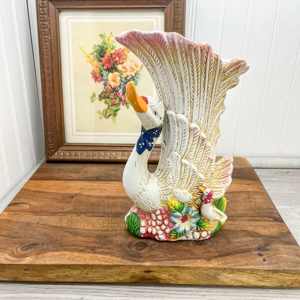 Vintage Ceramic Swan Vase Planter: White Goose‎ Decor
